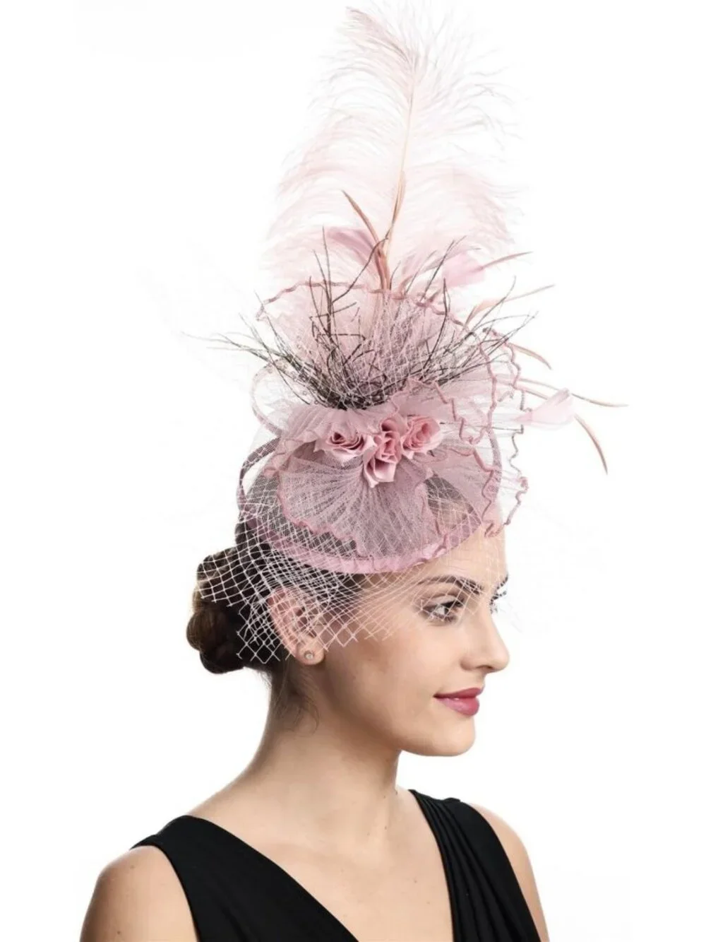 Elegant Women's Fascinator Hair Clip - Bowler Hat with Feather Flower & Veil for